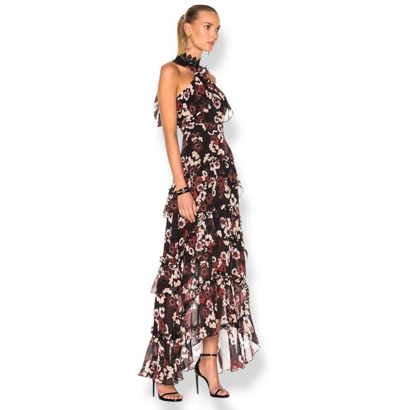 New w/Tag NICHOLAS silk floral ruffle tiered asymmetrical Goddess gown - Picture 5 of 17